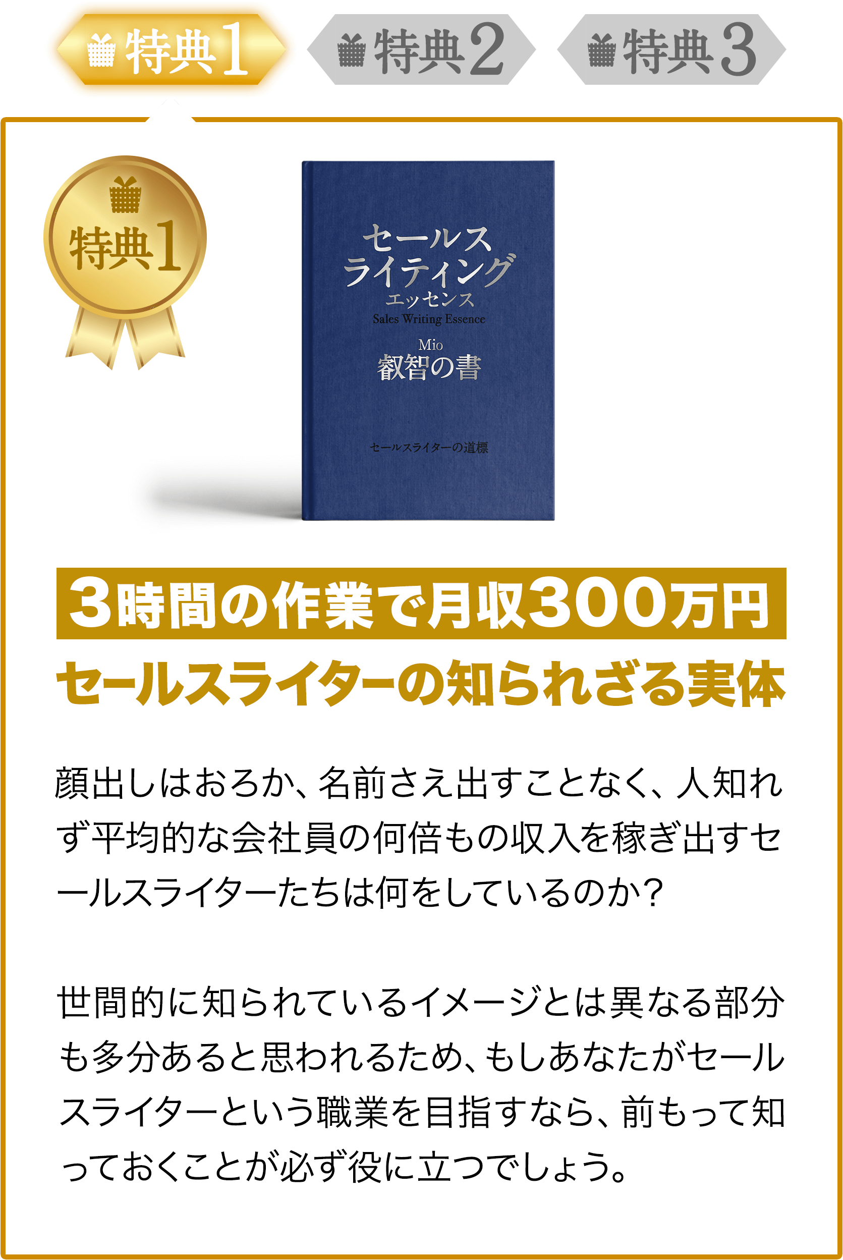 特典1 3時間の作業で月収300万円セールスライターの知られざる実体顔出しはおろか、名前さえ出すことなく、人知れず平均的な会社員の何倍もの収入を稼ぎ出すセールスライターたちは何をしているのか？世間的に知られているイメージとは異なる部分も多分あると思われるため、もしあなたがセールスライターという職業を目指すなら、前もって知っておくことが必ず役に立つでしょう。