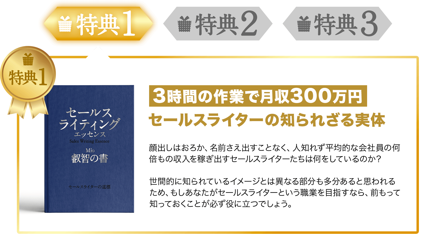 特典1 3時間の作業で月収300万円セールスライターの知られざる実体顔出しはおろか、名前さえ出すことなく、人知れず平均的な会社員の何倍もの収入を稼ぎ出すセールスライターたちは何をしているのか？世間的に知られているイメージとは異なる部分も多分あると思われるため、もしあなたがセールスライターという職業を目指すなら、前もって知っておくことが必ず役に立つでしょう。